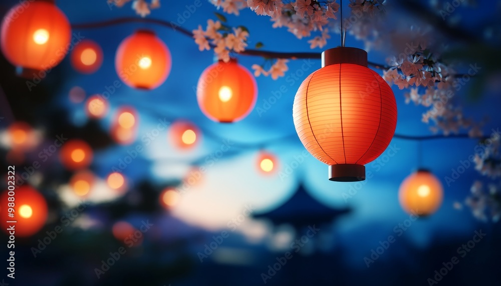 Red Lanterns Hanging in the Cherry Blossom Trees at Dusk Red Lanterns Hanging in the Cherry Blossom Trees at Dusk