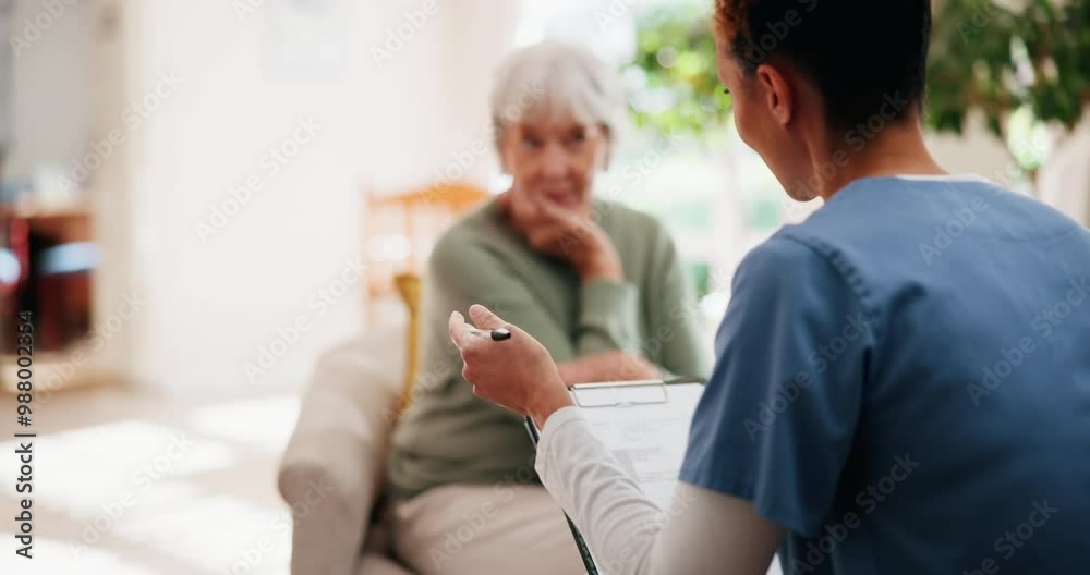 Senior woman, caregiver and talking with clipboard for medical consultation, assessment and medicine plan. Elderly, patient and nurse with document for health questions, surgery schedule and house