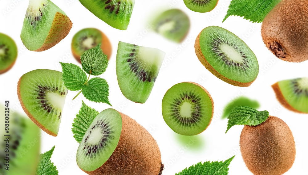 Fototapeta premium Flying juicy kiwi slices with leaves isolated on a white background