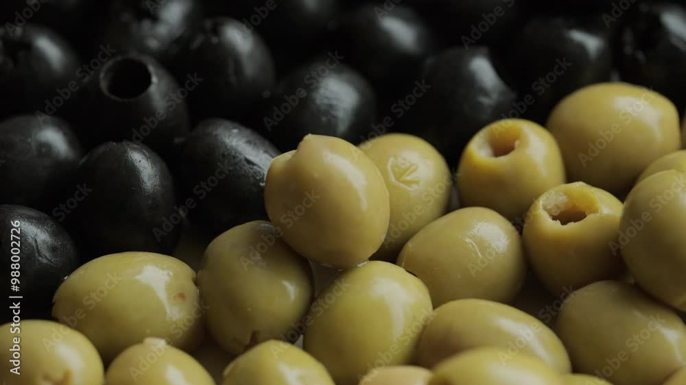 Black and green pitted olives background rotating macro. Mediterranean cuisine. Healthy eating.