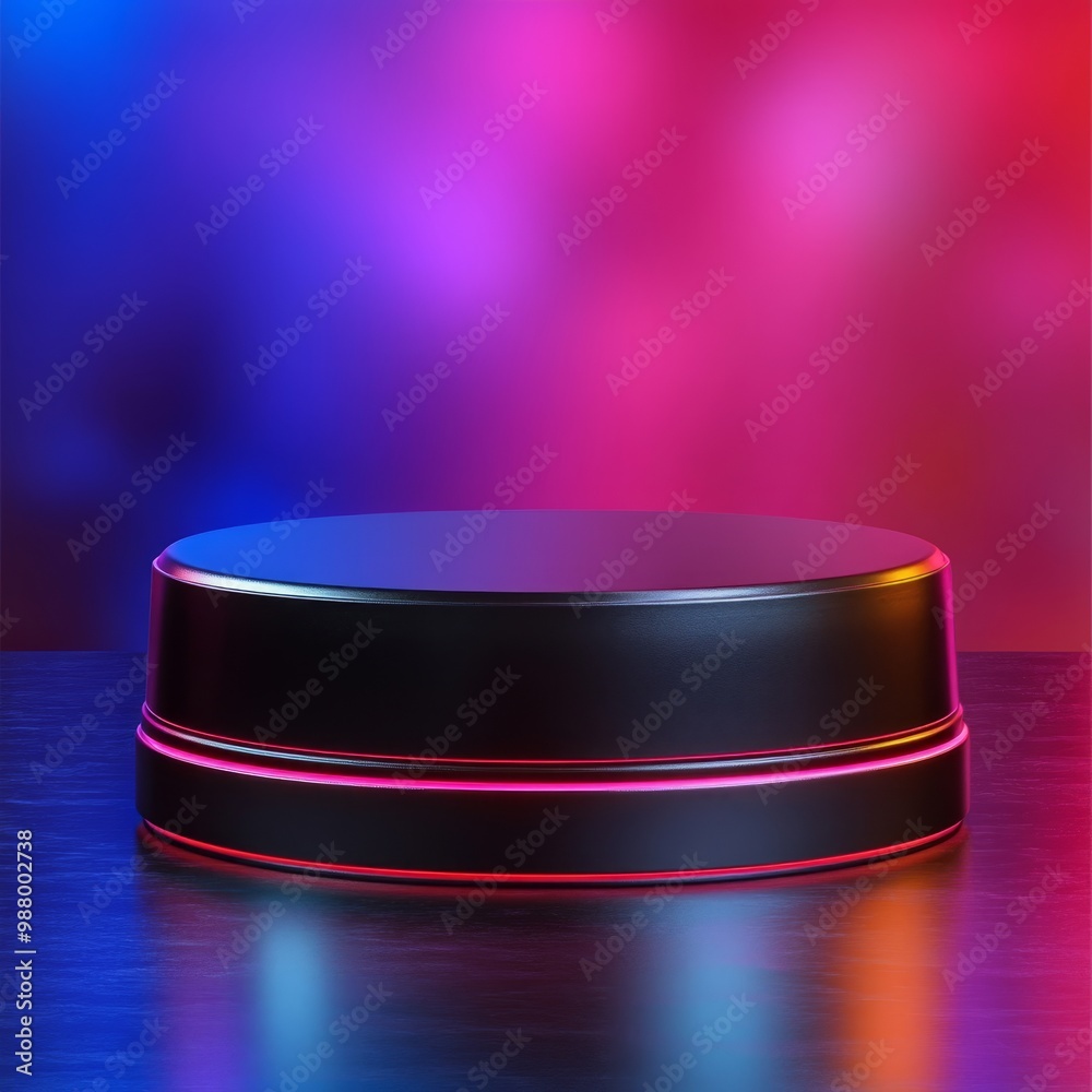 Black Circular Platform with Neon Glowing Edges Against a Blurred Pink and Blue Background Black Circular Platform with Neon Glowing Edges Against a Blurred Pink and Blue Background