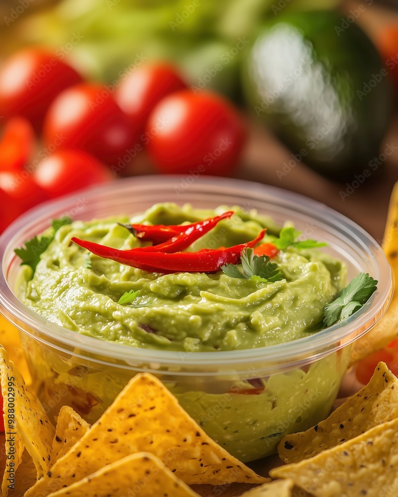 A bowl of fresh guacamole garnished with red chili peppers and cilantro surrounded by nacho chips. A bowl of fresh guacamole garnished with red chili peppers and cilantro surrounded by nacho chips.