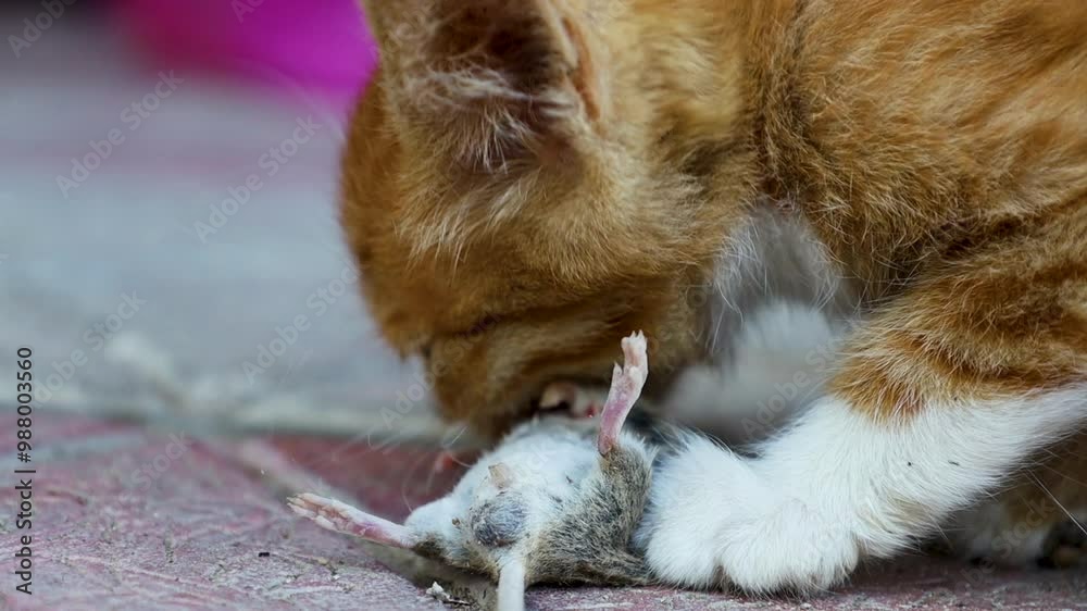 Ginger kitten gnaws a mouse Ginger kitten gnaws a mouse