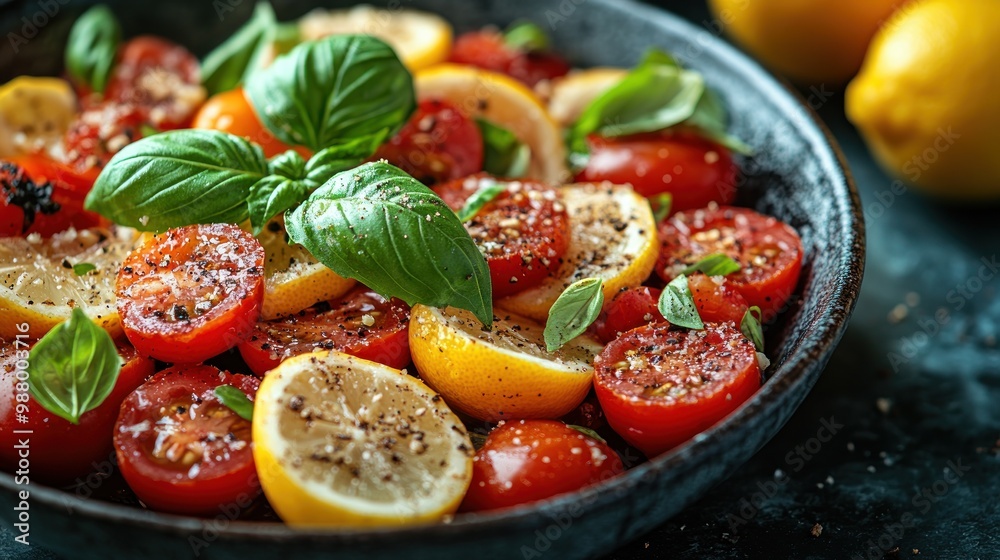 Fresh tomatoes and lemons garnished with basil in a bowl. Fresh tomatoes and lemons garnished with basil in a bowl.