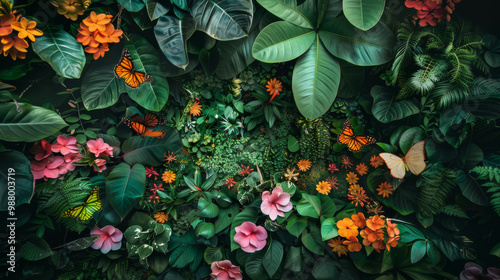 Fototapeta Naklejka Na Ścianę i Meble -  A lush green jungle with a variety of flowers and butterflies
