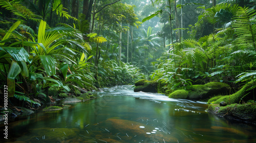 A lush green jungle with a river running through it