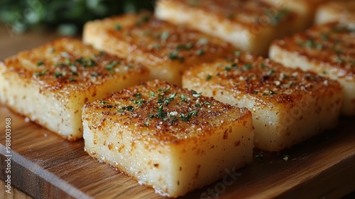 Golden, crispy squares of savory food garnished with herbs.