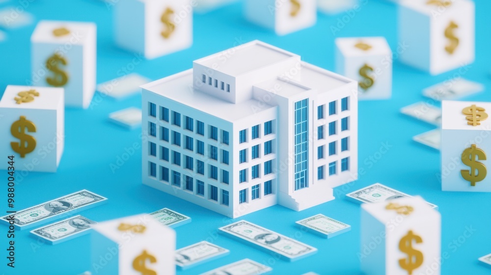 A 3D rendering of a hospital building surrounded by dollar symbols representing healthcare investments A 3D rendering of a hospital building surrounded by dollar symbols representing healthcare investments