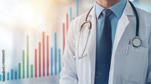 A 3D-rendered doctor examining financial growth charts to symbolize healthcare funding analysis
