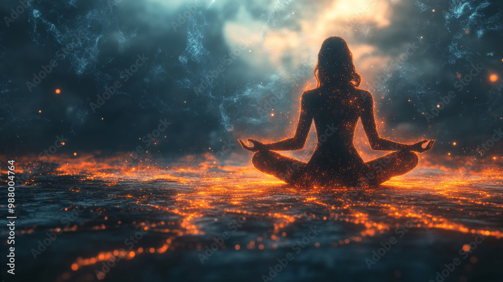 A woman meditating in a field of fire A woman meditating in a field of fire