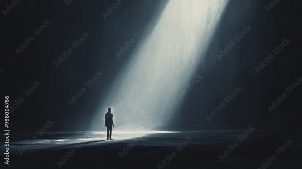 A man stands in the dark with a light shining on him A man stands in the dark with a light shining on him