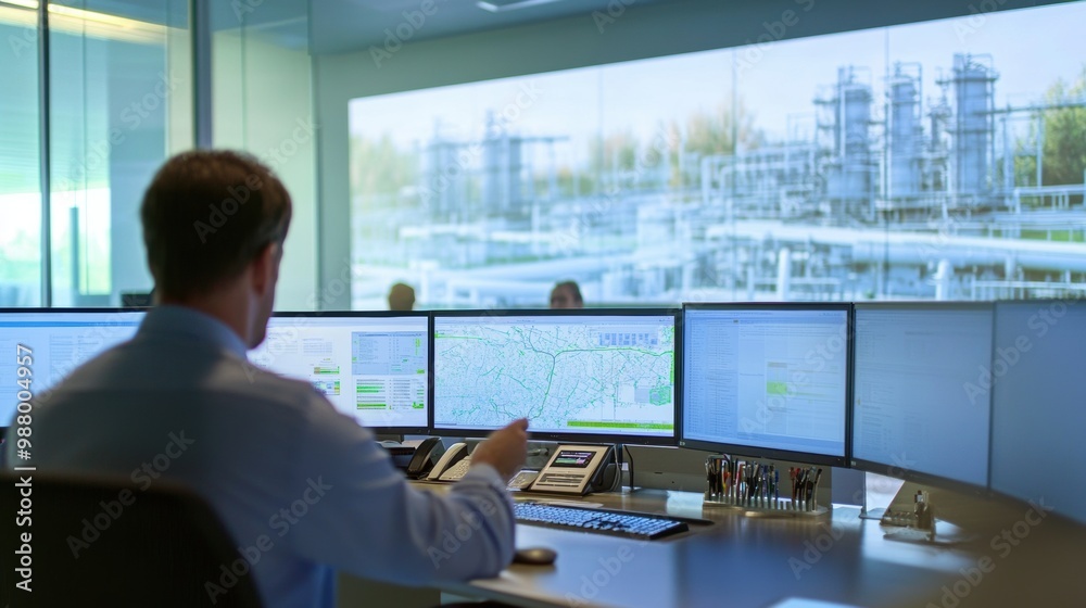 Man analyzing geographic data on multiple screens Man analyzing geographic data on multiple screens