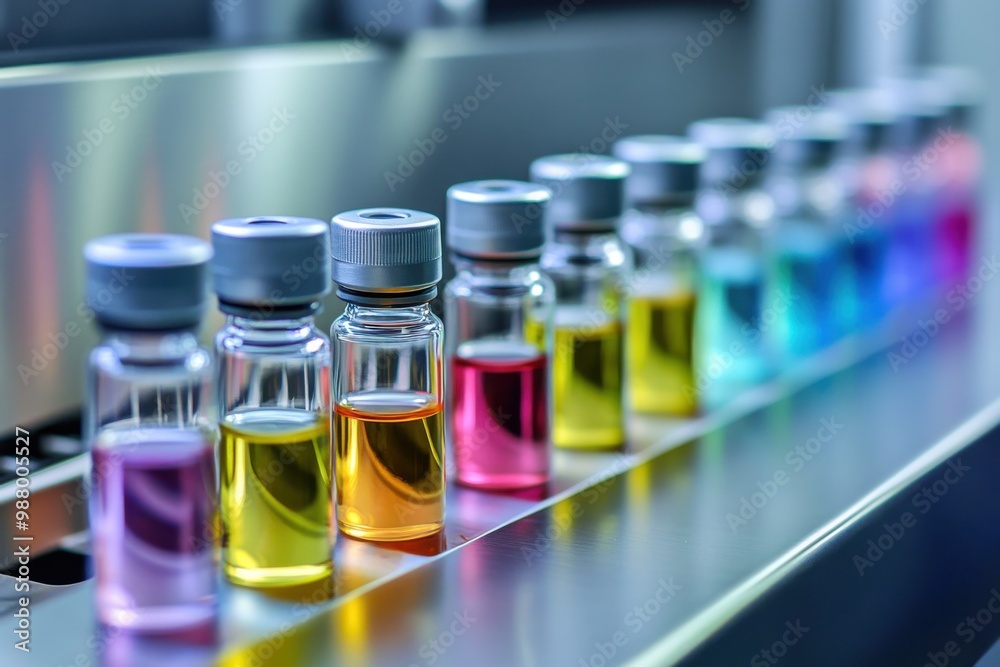 A row of medical vials lined up neatly on a stainless steel tray, each filled with clear and colored solutions, with a sterile, high-tech laboratory background A row of medical vials lined up neatly on a stainless steel tray, each filled with clear and colored solutions, with a sterile, high-tech laboratory background