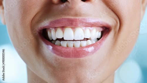 A close-up photo of a person's mouth, emphasizing their teeth and gums. The teeth are white and well-aligned, suggesting good dental health. The lips are slightly parted, revealing a glossy texture.