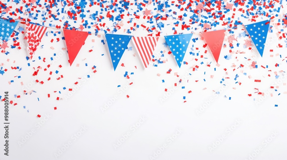 Colorful triangle flags and confetti on a white background. for festive celebration.