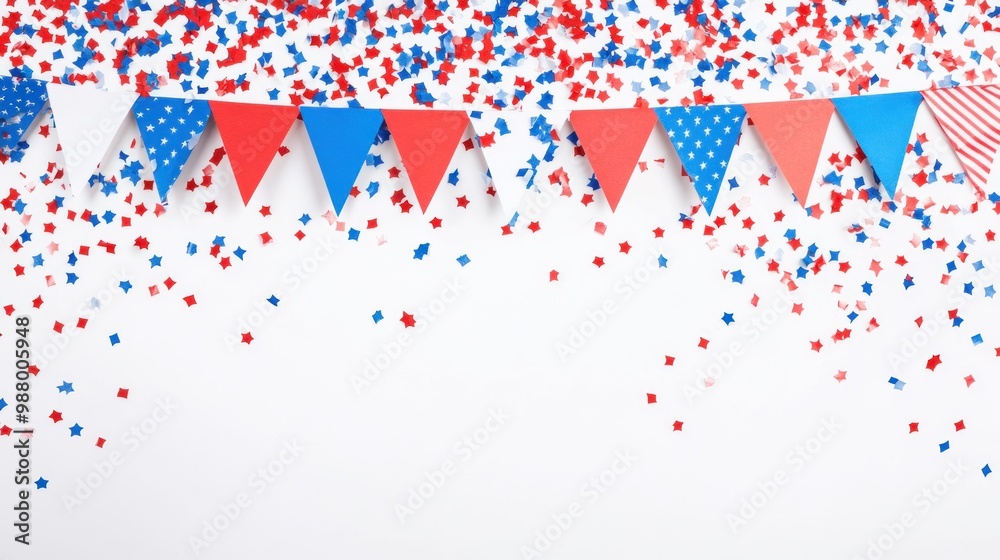 Colorful triangle flags and confetti on a white background. for festive celebration.