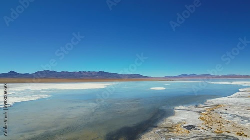 Aerial view of a beautiful lake (Laguna Chalviri) surrounded by mountains in the Bolivian Andes. Drone shot in 4k