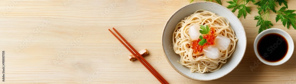 Japanese Noodles with Red Caviar and Ice in a Bowl Japanese Noodles with Red Caviar and Ice in a Bowl