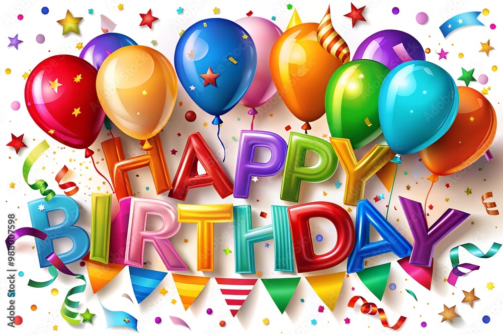 Vibrant Happy Birthday Design with Colorful Balloons, Streamers, and Bold Typography Vibrant Happy Birthday Design with Colorful Balloons, Streamers, and Bold Typography