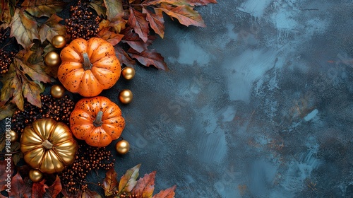 Luxurious autumn wreath with fall leaves and golden pumpkins, leaving space for text