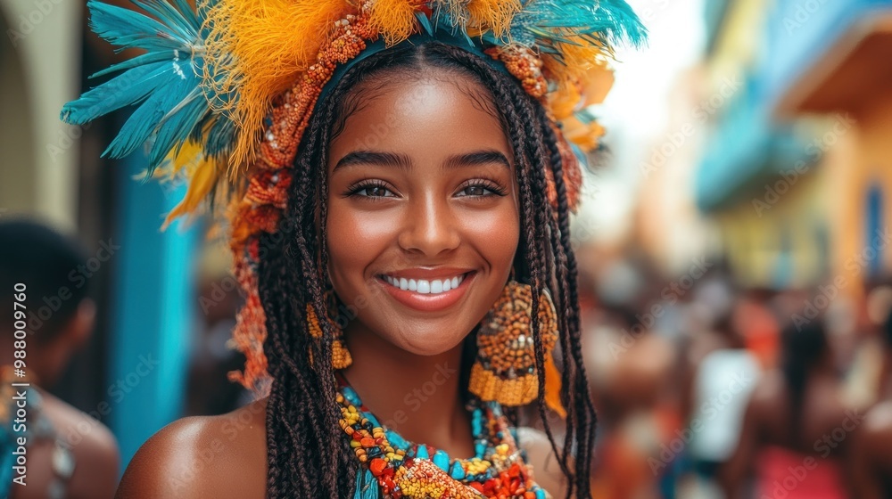 Smiling woman in colorful attire at a vibrant cultural festival.