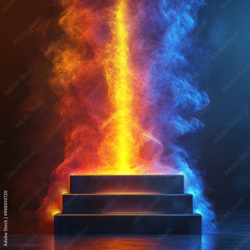 A Stairway to Heaven Through a Swirling Blaze of Red and Blue Smoke A Stairway to Heaven Through a Swirling Blaze of Red and Blue Smoke