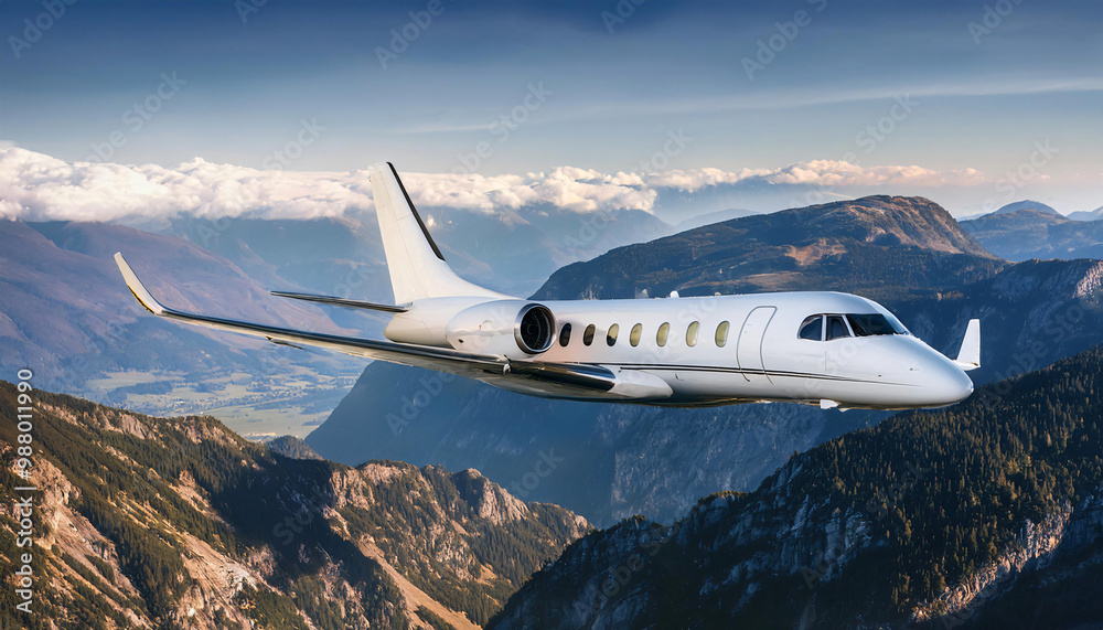 Fototapeta premium Private jet flying high over mountains side view