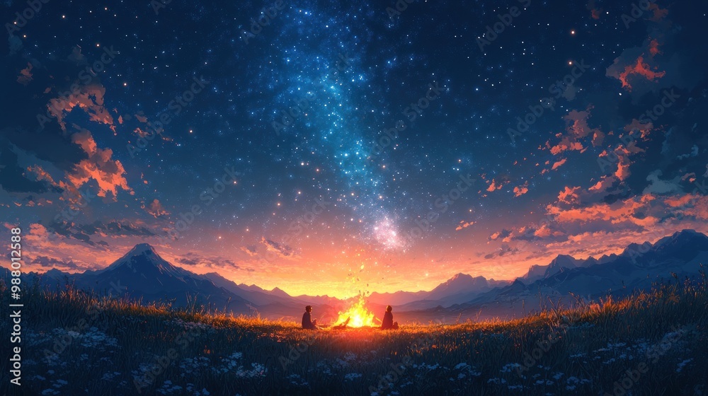 Two figures by a campfire under a starry sky at sunset. Two figures by a campfire under a starry sky at sunset.