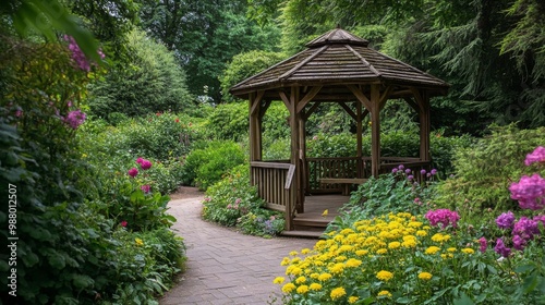 A wooden gazebo stands in a lush garden with a winding stone path, surrounded by vibrant flowers and greenery.