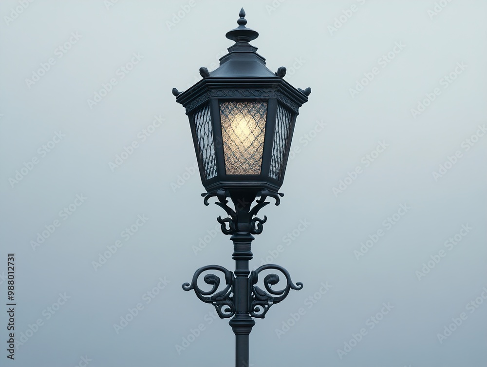 Ornate Black Street Lamp in Foggy Cityscape Ornate Black Street Lamp in Foggy Cityscape