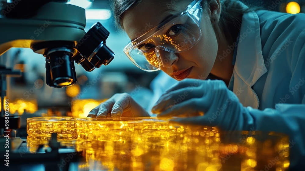 Scientist examining samples under a microscope in a lab setting.