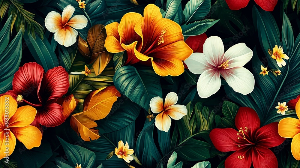 Tropical Floral Pattern with Red, Yellow, and White Hibiscus Flowers and Lush Green Leaves Tropical Floral Pattern with Red, Yellow, and White Hibiscus Flowers and Lush Green Leaves