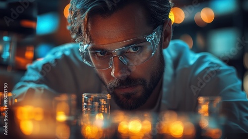 Scientist examining glassware in a dimly lit laboratory. photo