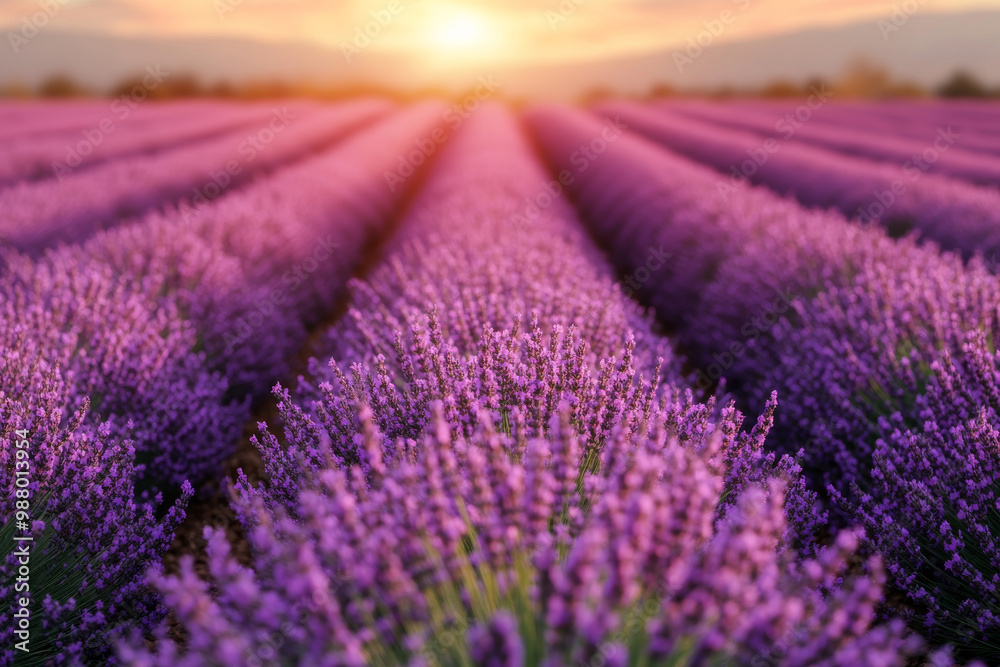 Obraz premium A field of lavender flowers with the sun setting in the background