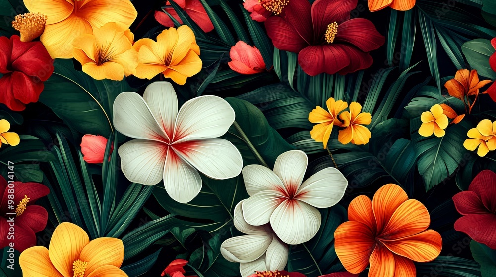 Tropical Floral Pattern with Red, Yellow, and White Flowers Tropical Floral Pattern with Red, Yellow, and White Flowers