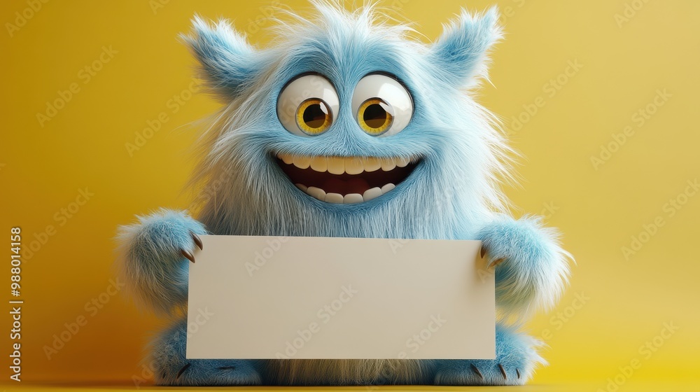 Fototapeta premium render blue hairy yeti furry cartoon character funny furry toy with blank banner isolate on yellow background