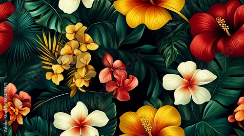 Lush Tropical Floral Pattern with Red, Yellow, and White Flowers