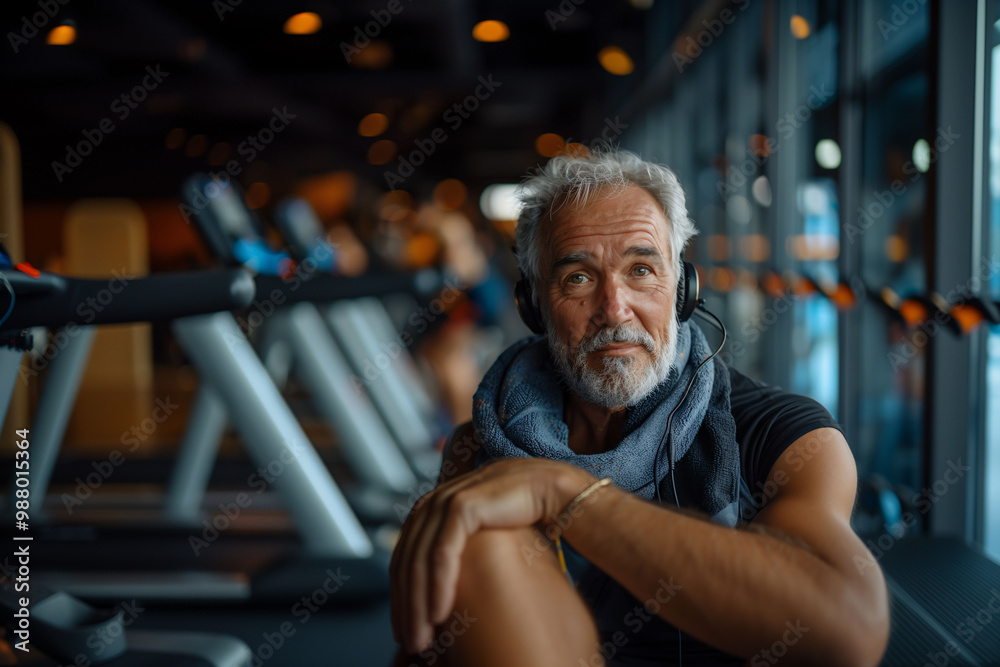 A man in his 50s taking a break from his workout while listening to music at the gym. Concept of active lifestyle, exercise routine for seniors, and health and well-being. A man in his 50s taking a break from his workout while listening to music at the gym. Concept of active lifestyle, exercise routine for seniors, and health and well-being.