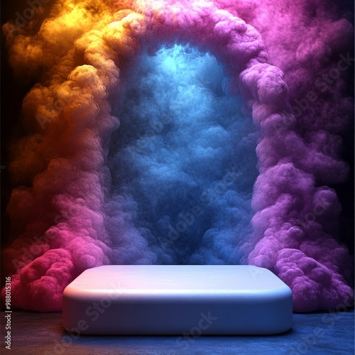 White Platform Surrounded by Multicolored Smoke photo