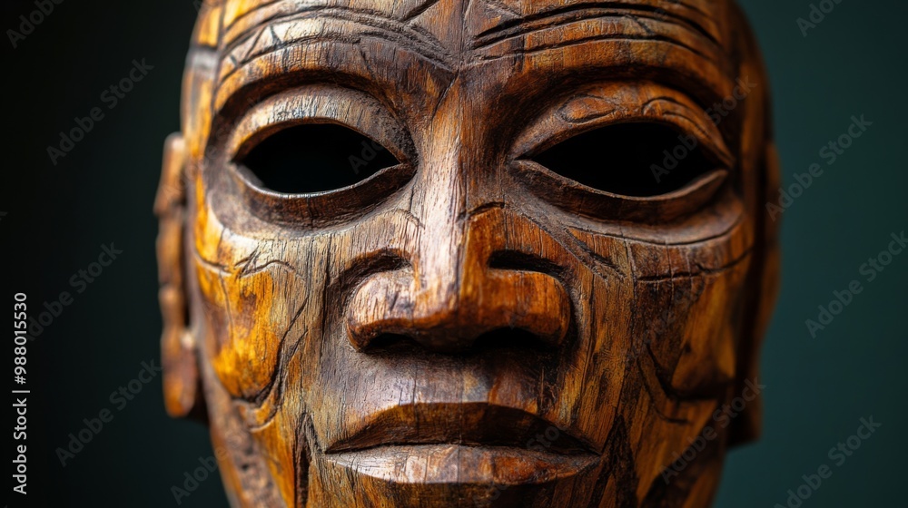Close-up of a carved wooden mask with intricate details. Close-up of a carved wooden mask with intricate details.