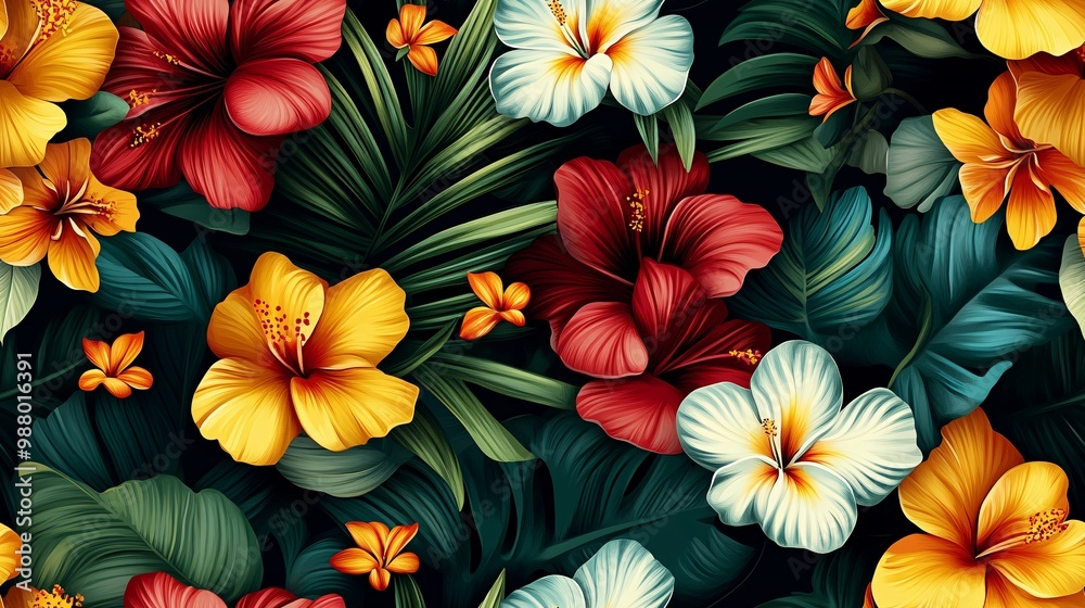 Vibrant Tropical Flower Pattern with Lush Green Foliage Vibrant Tropical Flower Pattern with Lush Green Foliage