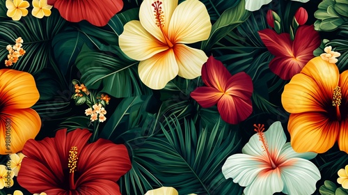 Vibrant Tropical Flowers and Lush Foliage Seamless Pattern