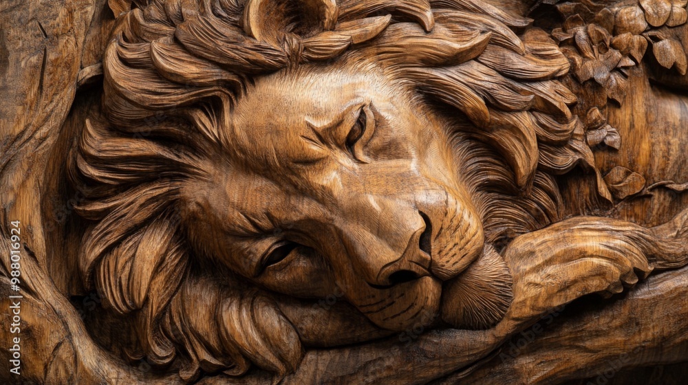Close-up of a detailed wooden carving of a lion's face. Close-up of a detailed wooden carving of a lion's face.