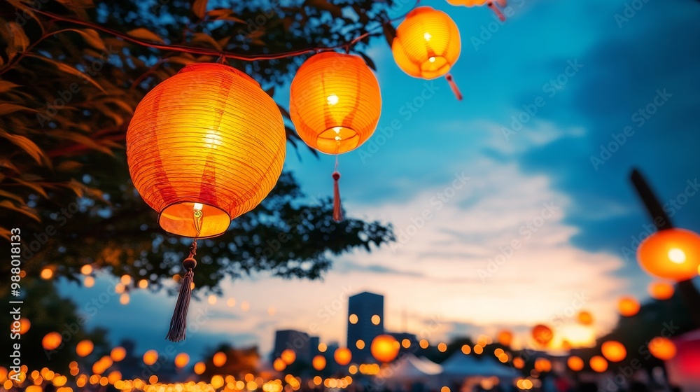 Fototapeta premium Illuminated Lanterns in the Evening Sky