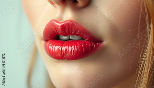 Close-up of female lips poised for a kiss, expressing flirtation and allure photo