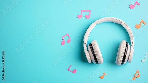 White headphones on a blue background with colorful music notes, representing music, sound, and audio listening concepts.