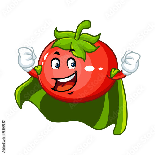 A cartoon tomato superhero with a red cape. Fun character for healthy food promotion.