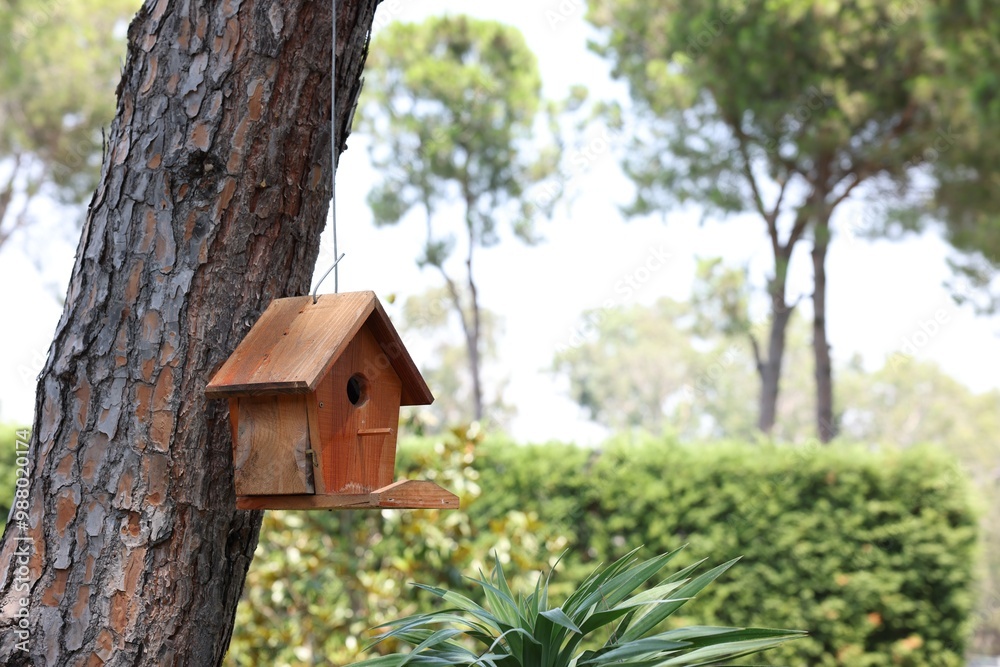 Beautiful wooden birdhouse hanging on tree trunk in park Beautiful wooden birdhouse hanging on tree trunk in park