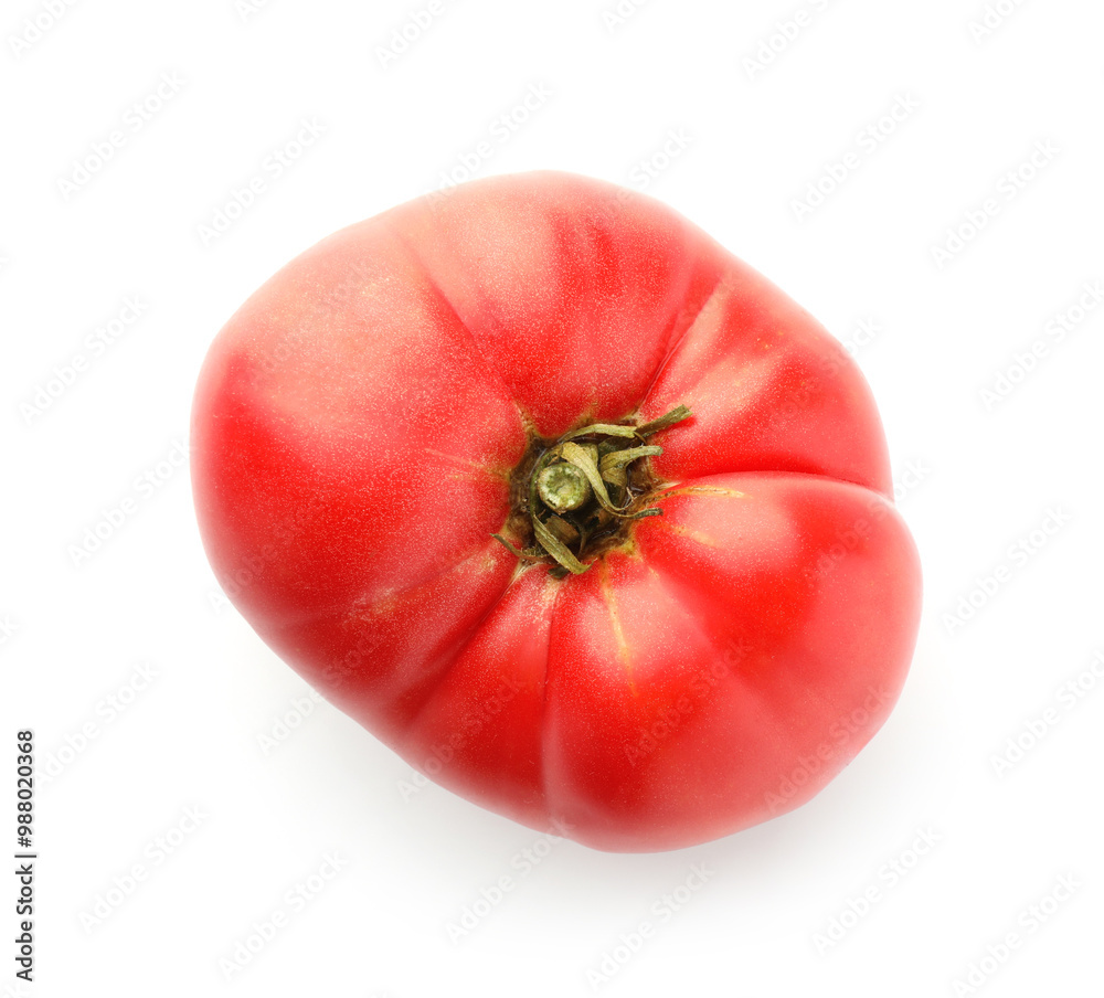 Fresh ripe pink tomato isolated on white, top view Fresh ripe pink tomato isolated on white, top view