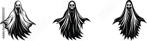 Ghost character. Halloween ghost. Magic scary spirit. Halloween levitating phantom. Cute funny happy spirit icon. Halloween phantom design vector illustration. Halloween Promotion Poster. Flat style